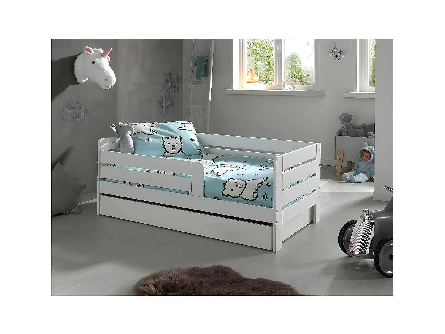 SCOPE - Lit Junior 70x140cm Blanc Barrières Horizontales + Tiroir