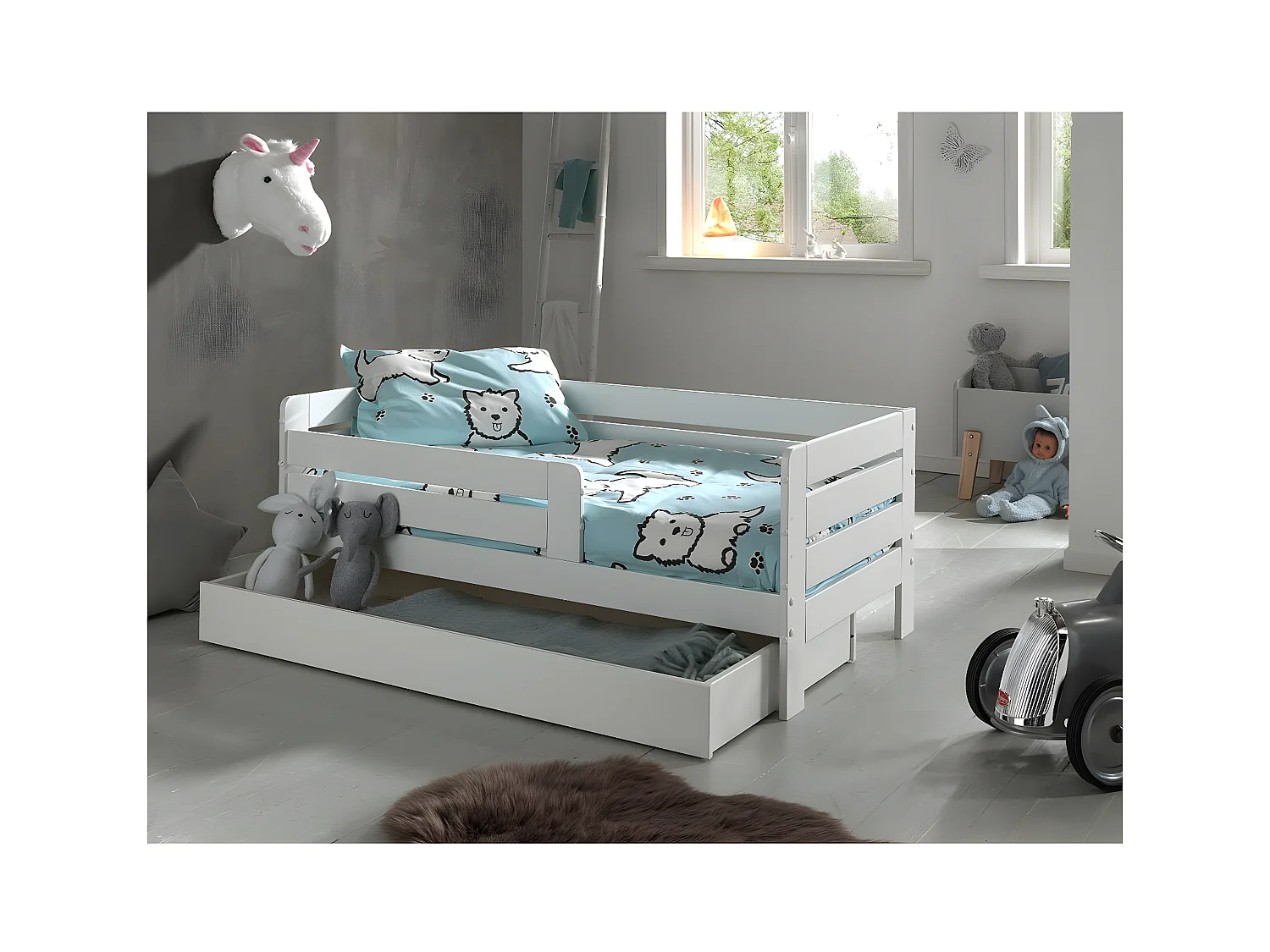 SCOPE - Lit Junior 70x140cm Blanc Barrières Horizontales + Tiroir