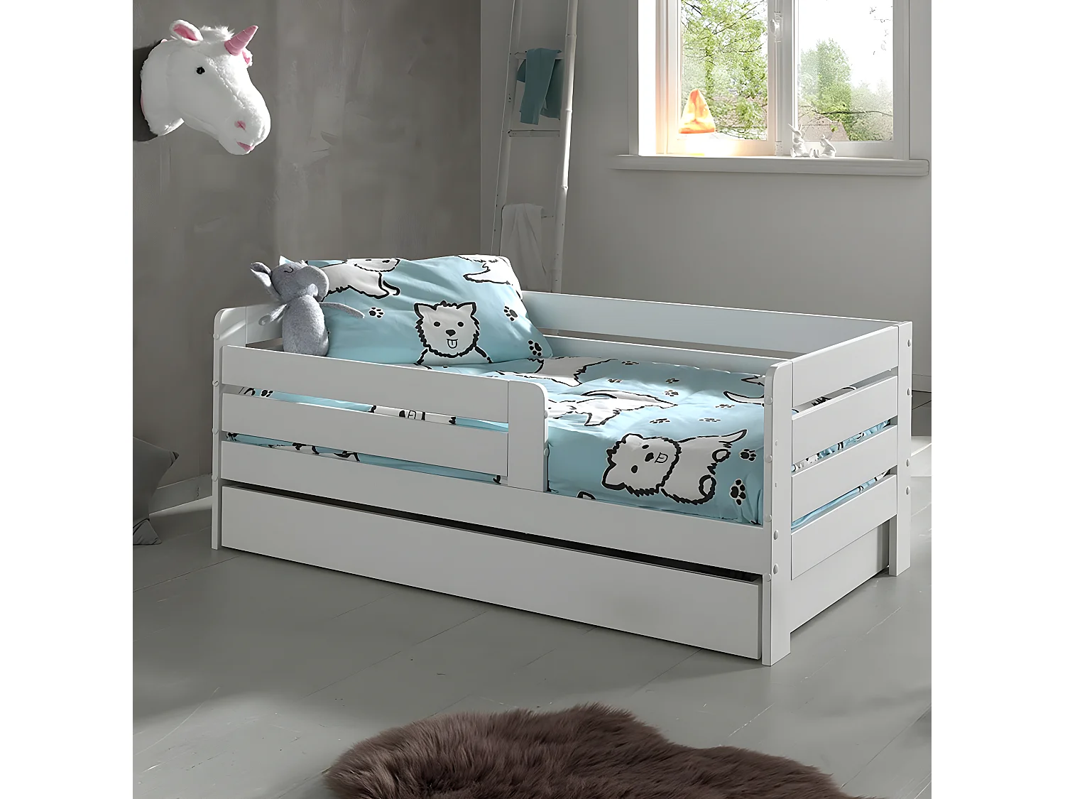 SCOPE - Lit Junior 70x140cm Blanc Barrières Horizontales + Tiroir