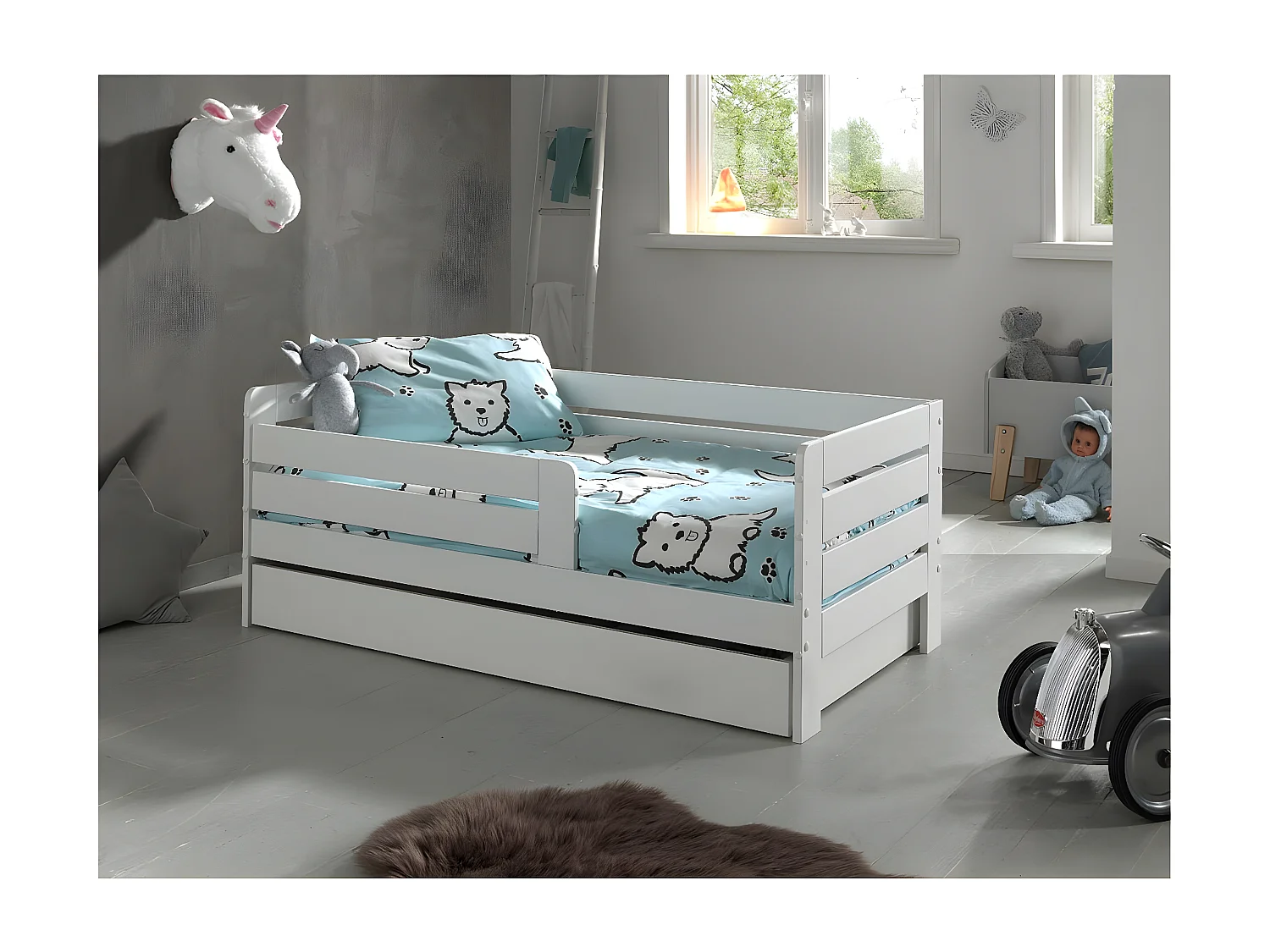 SCOPE - Lit Junior 70x140cm Blanc Barrières Horizontales + Tiroir