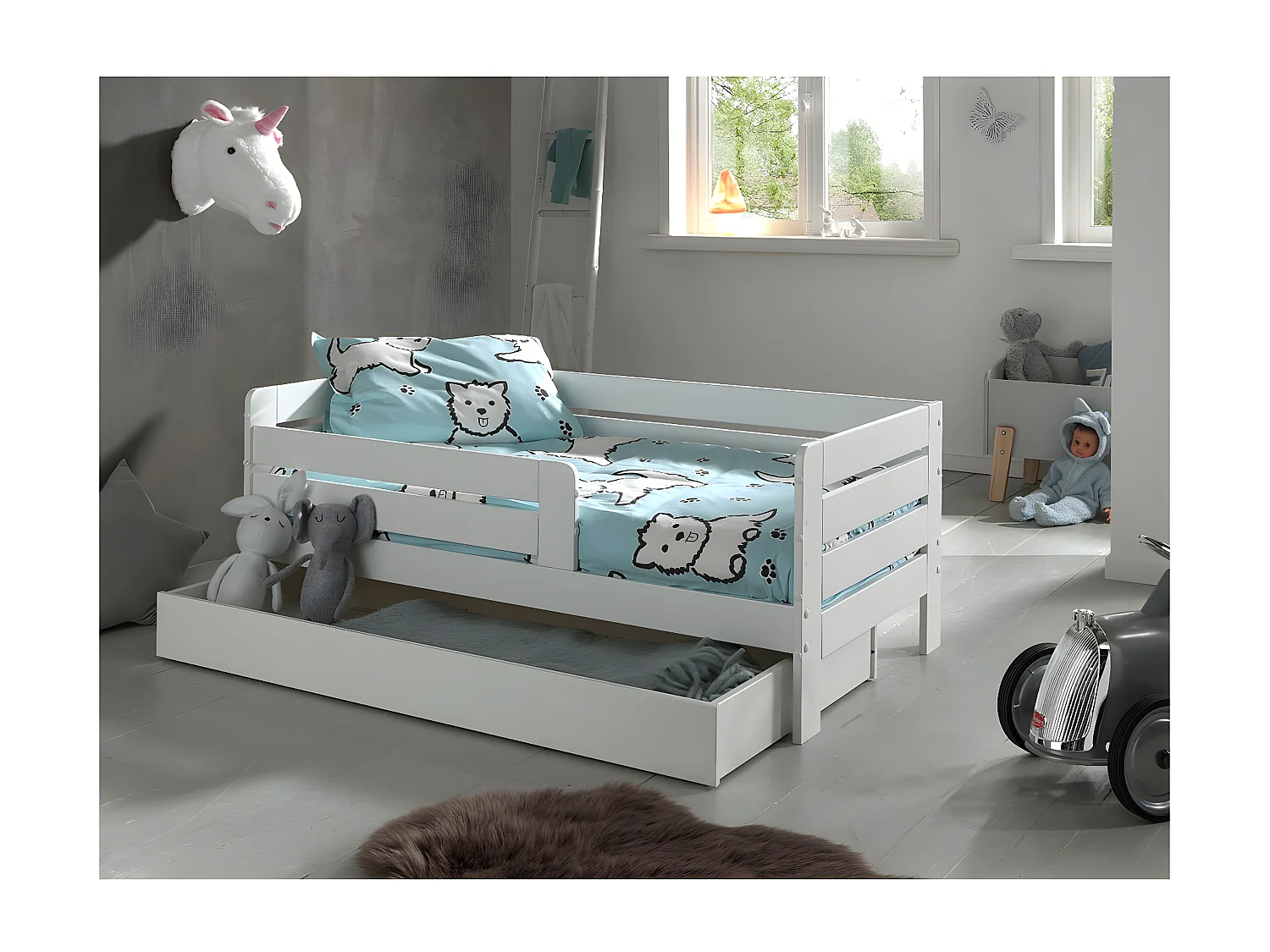 SCOPE - Lit Junior 70x140cm Blanc Barrières Horizontales + Tiroir