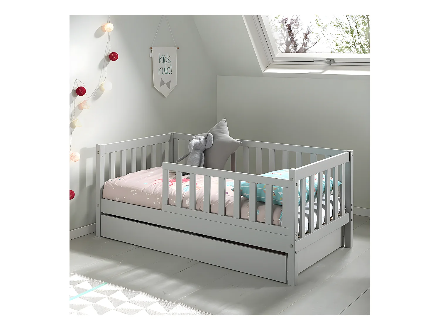 SCOPE - Lit Junior 70x140cm Gris Barrières Verticales + Tiroir