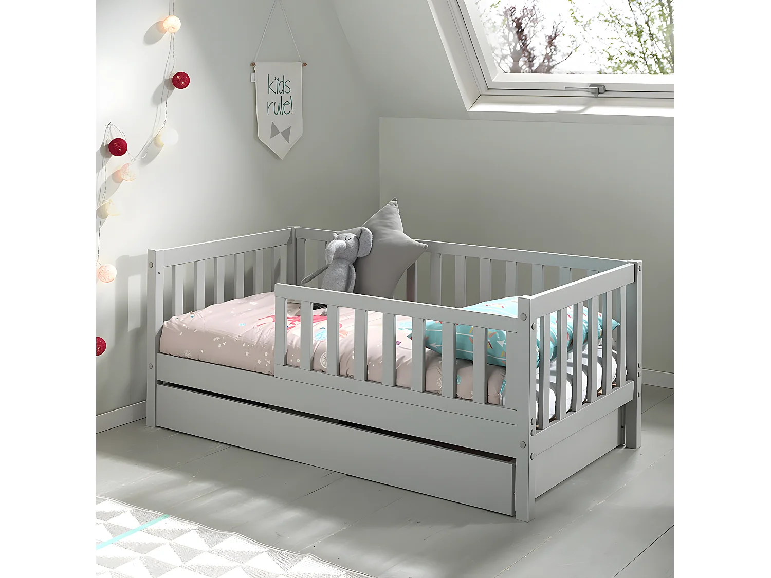 SCOPE - Lit Junior 70x140cm Gris Barrières Verticales + Tiroir