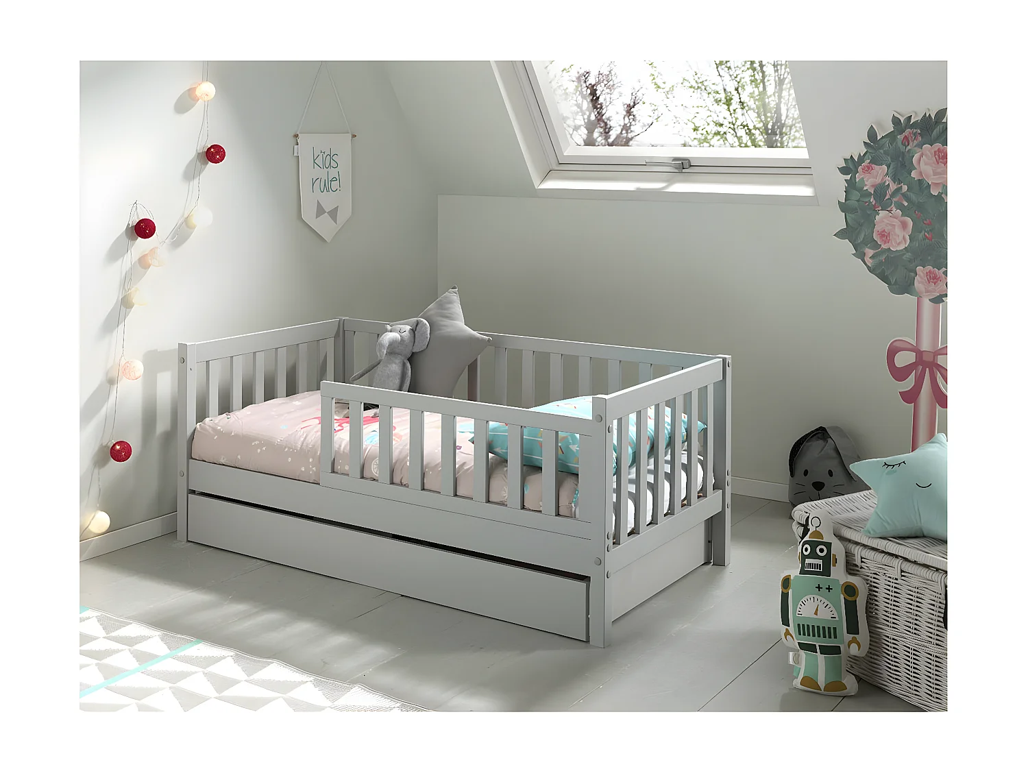 SCOPE - Lit Junior 70x140cm Gris Barrières Verticales + Tiroir