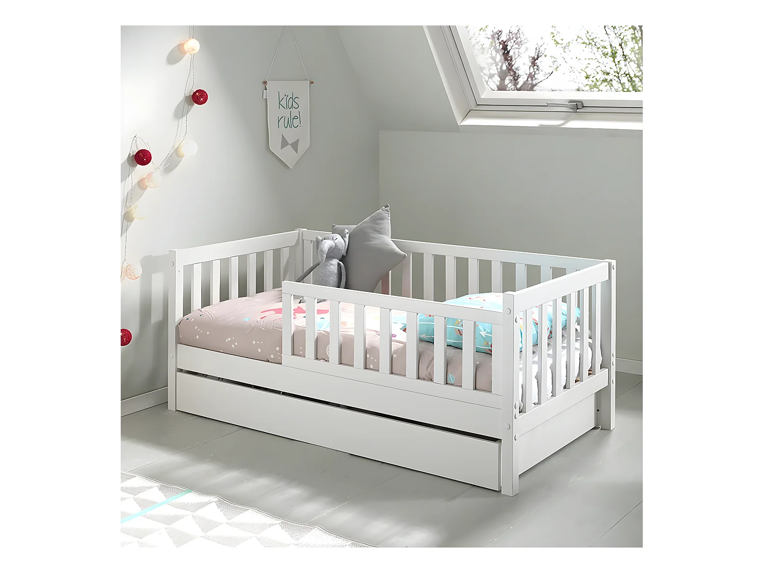 SCOPE - Lit Junior 70x140cm Blanc Barrières Verticales + Tiroir