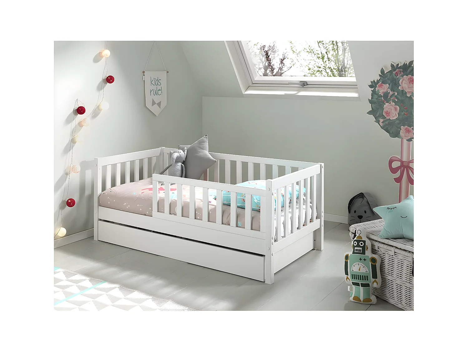 SCOPE - Lit Junior 70x140cm Blanc Barrières Verticales + Tiroir