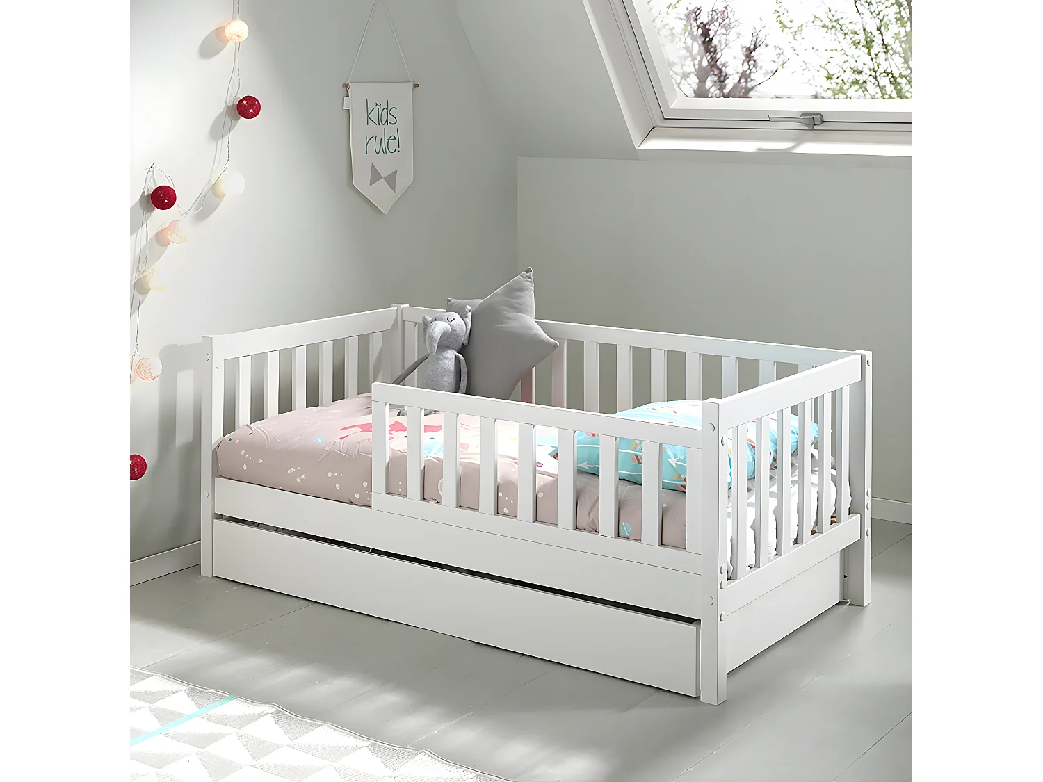 SCOPE - Lit Junior 70x140cm Blanc Barrières Verticales + Tiroir