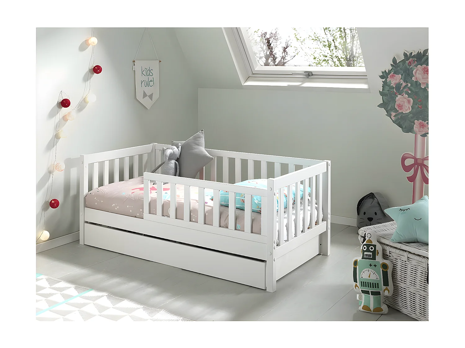 SCOPE - Lit Junior 70x140cm Blanc Barrières Verticales + Tiroir