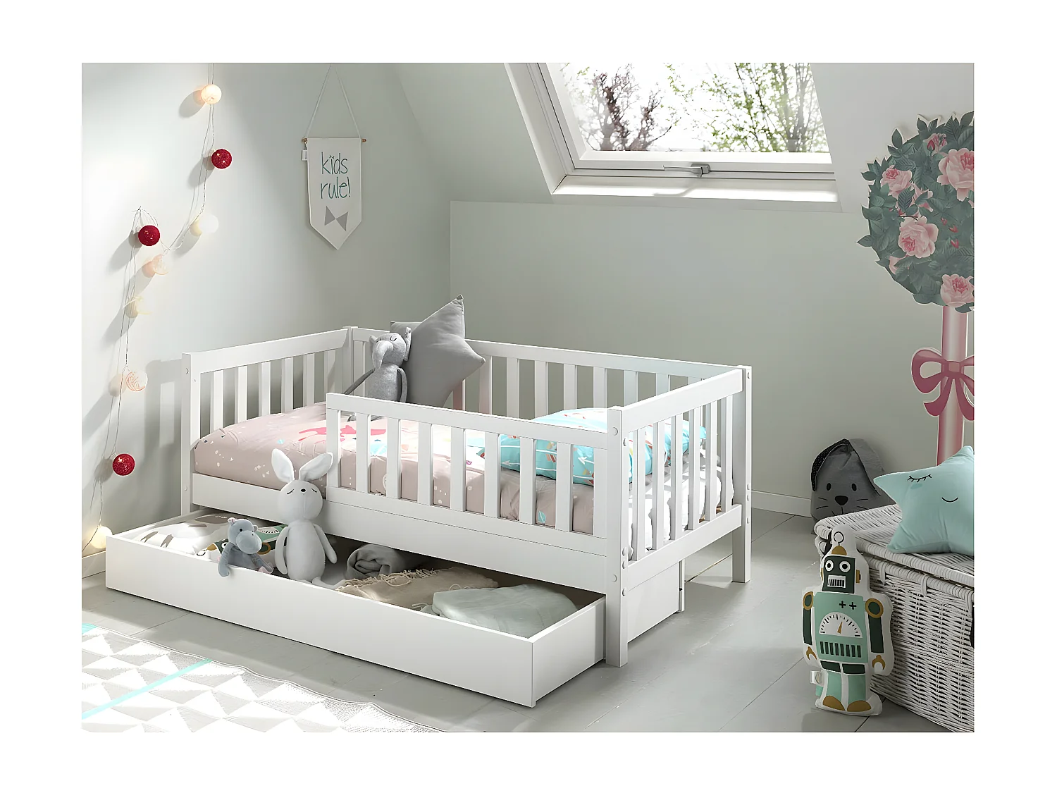 SCOPE - Lit Junior 70x140cm Blanc Barrières Verticales + Tiroir