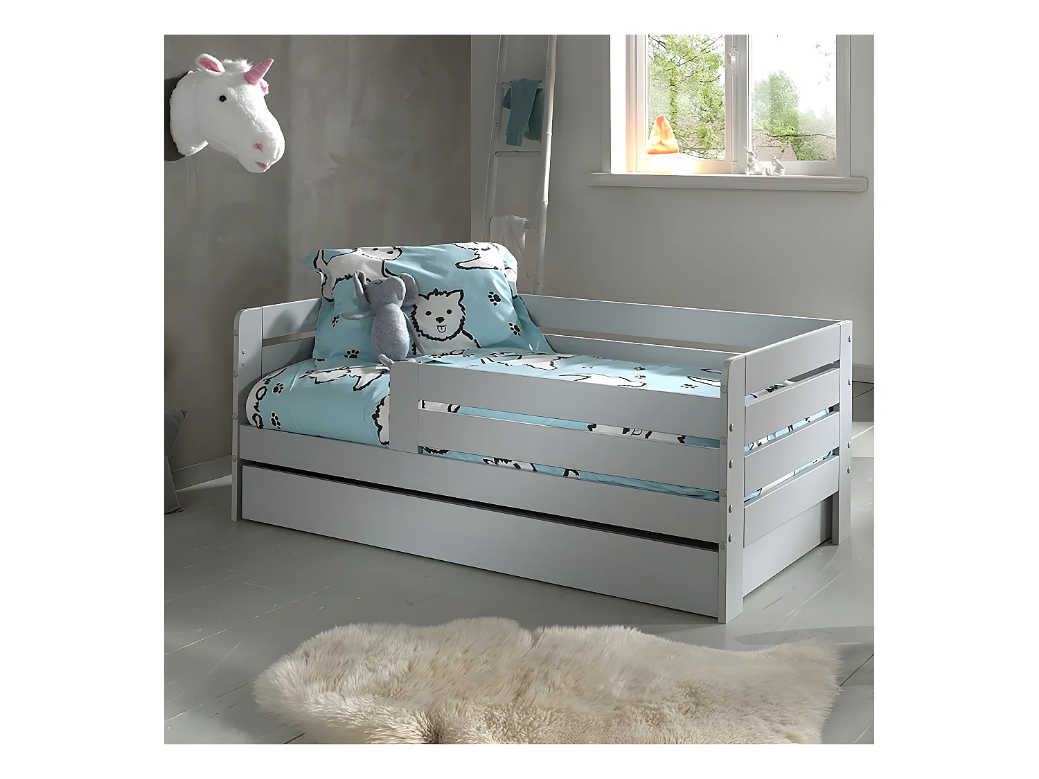 SCOPE - Lit Junior 70x140cm Gris Barrières Horizontales + Tiroir