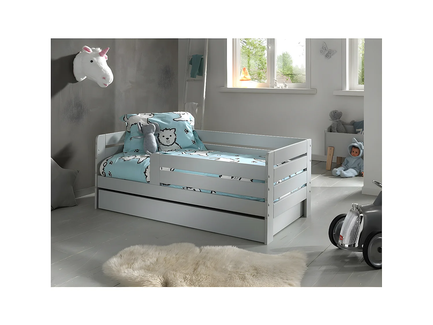 SCOPE - Lit Junior 70x140cm Gris Barrières Horizontales + Tiroir