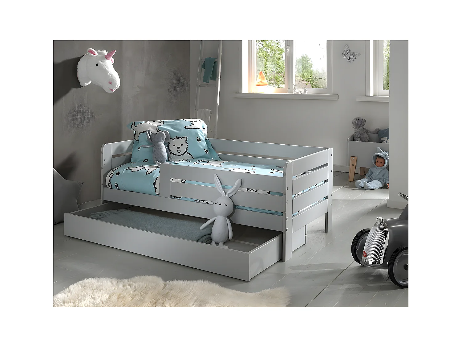 SCOPE - Lit Junior 70x140cm Gris Barrières Horizontales + Tiroir