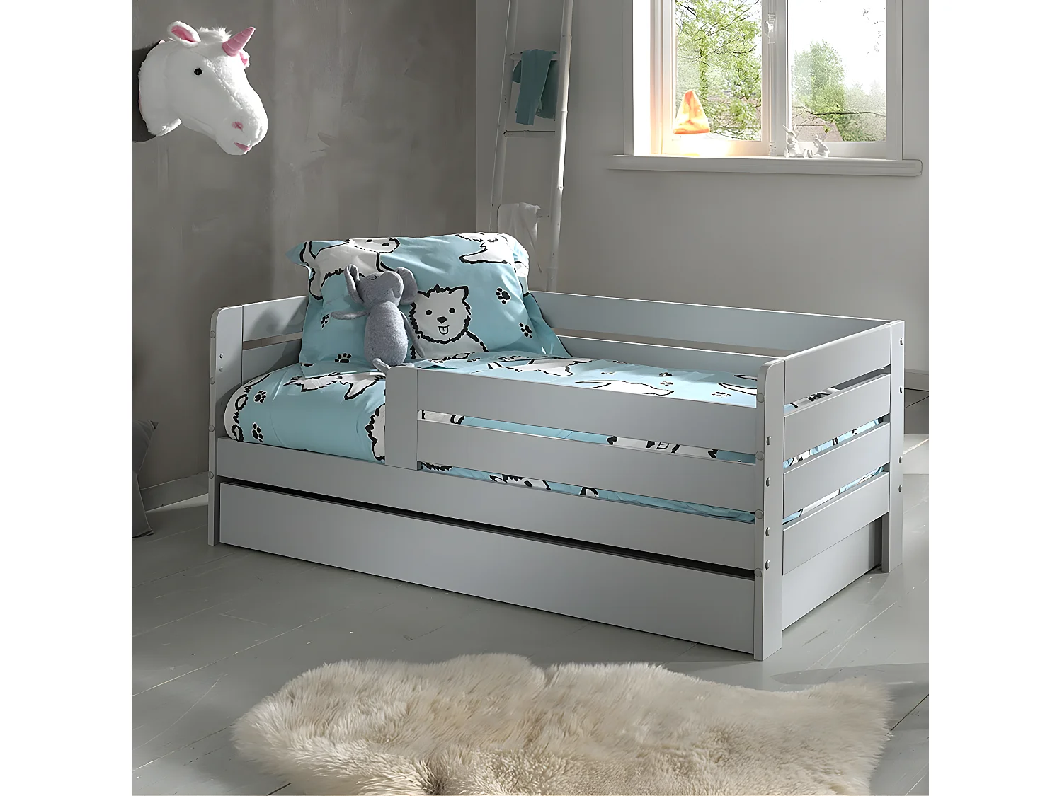 SCOPE - Lit Junior 70x140cm Gris Barrières Horizontales + Tiroir