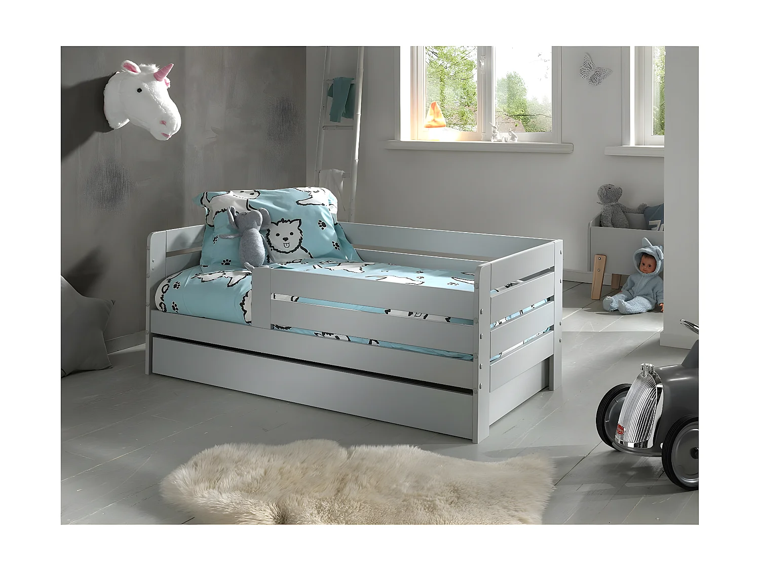 SCOPE - Lit Junior 70x140cm Gris Barrières Horizontales + Tiroir