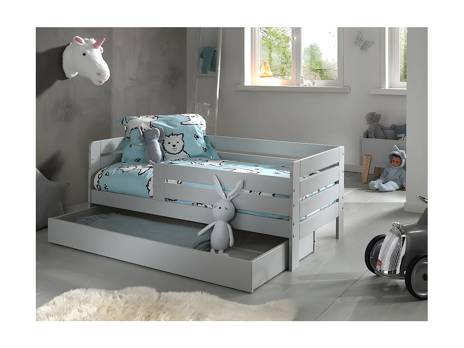 SCOPE - Lit Junior 70x140cm Gris Barrières Horizontales + Tiroir