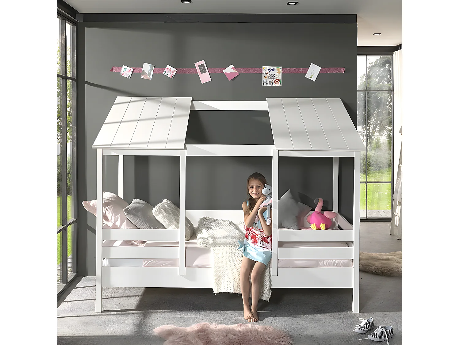 LAKA - Lit Maison 90x200cm Blanc Toit Semi-Ouvert avec Sommier