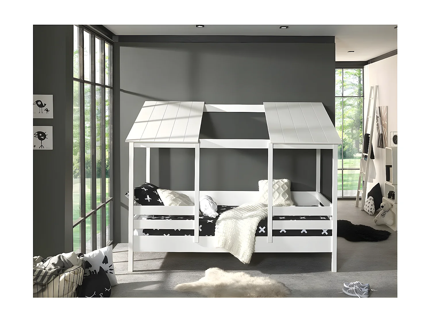 LAKA - Lit Maison 90x200cm Blanc Toit Semi-Ouvert avec Sommier