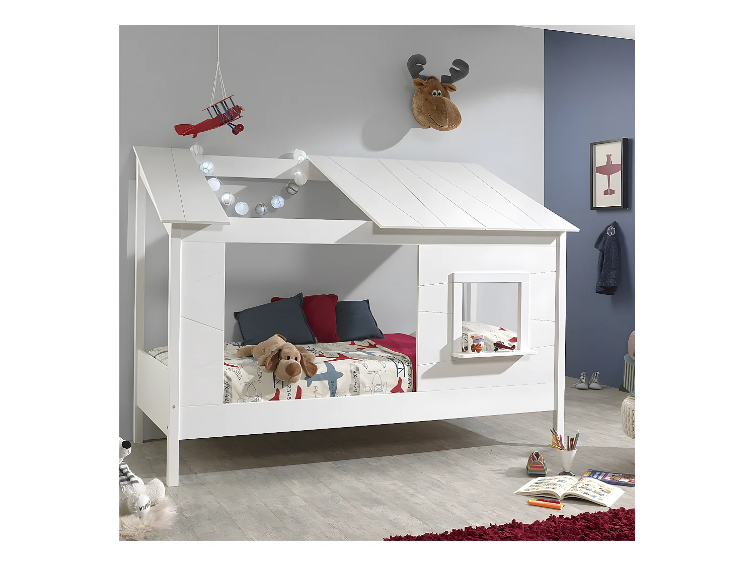 LAKA - Lit Maison 90x200cm Blanc avec Fenêtre + Sommier + Matelas