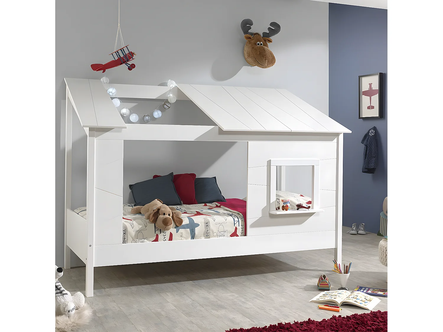 LAKA - Lit Maison 90x200cm Blanc avec Fenêtre + Sommier + Matelas