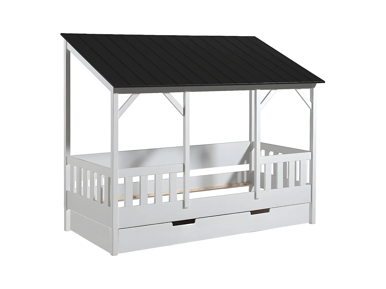 LAKA - Lit Maison 90x200cm Blanc et Noir avec Tiroir