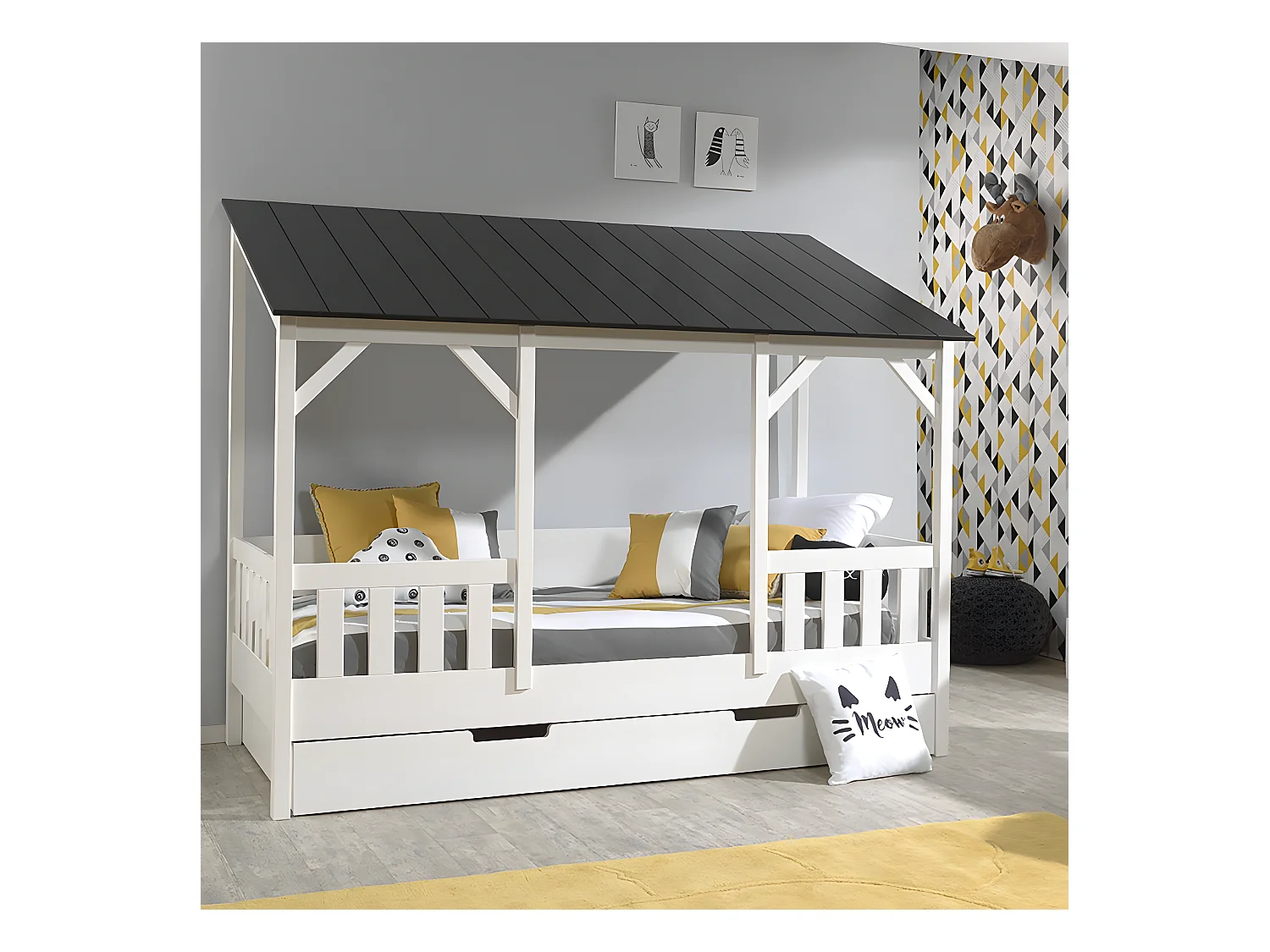 LAKA - Lit Maison 90x200cm Blanc et Noir avec Tiroir