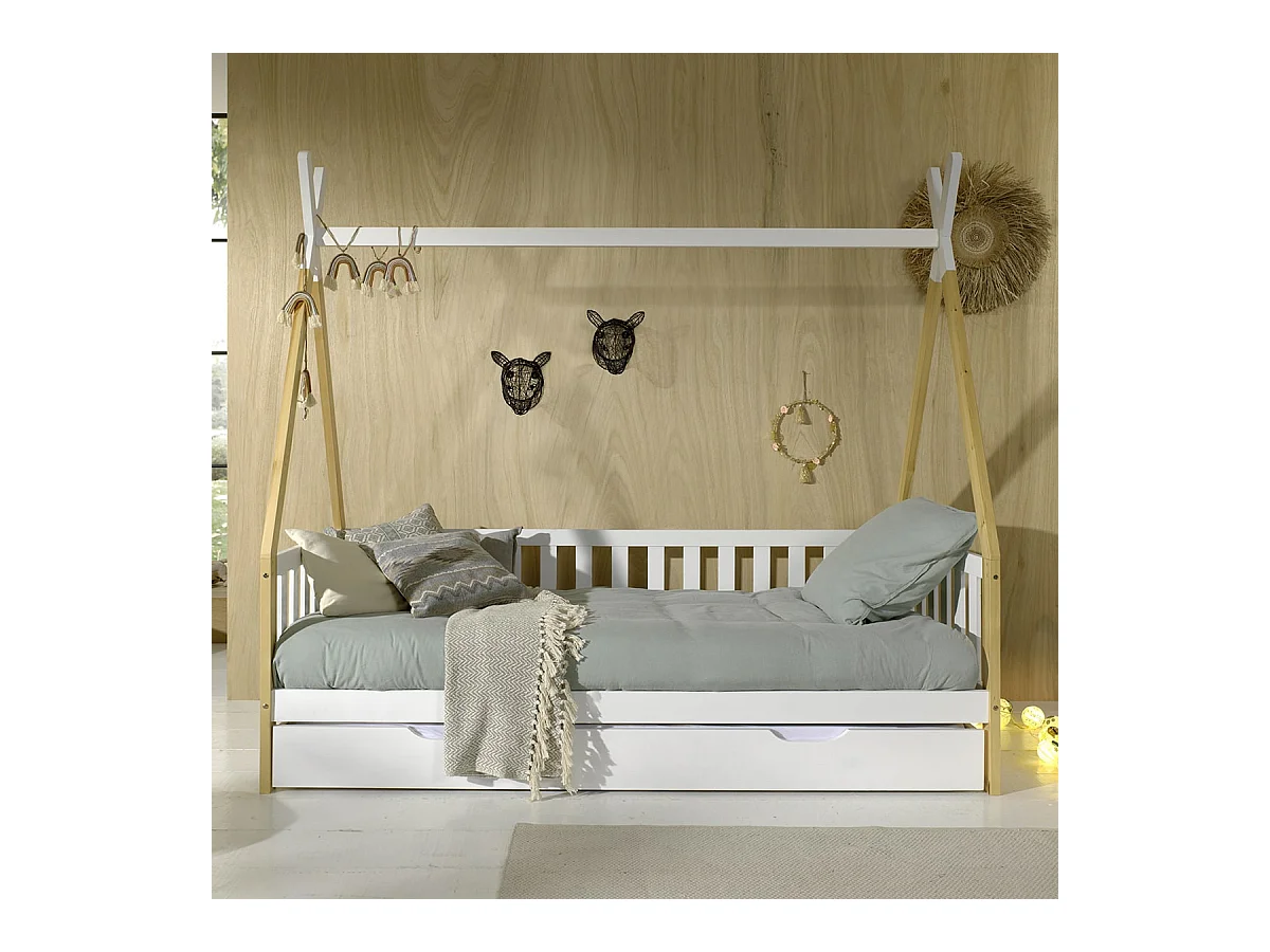 FLITT - Lit Banquette 90x200cm Forme Tipi avec Tiroir Blanc