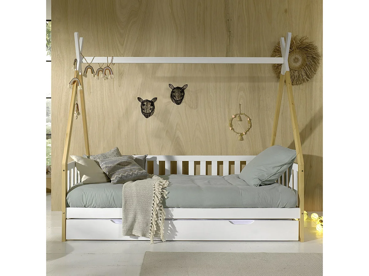 FLITT - Lit Banquette 90x200cm Forme Tipi avec Tiroir Blanc