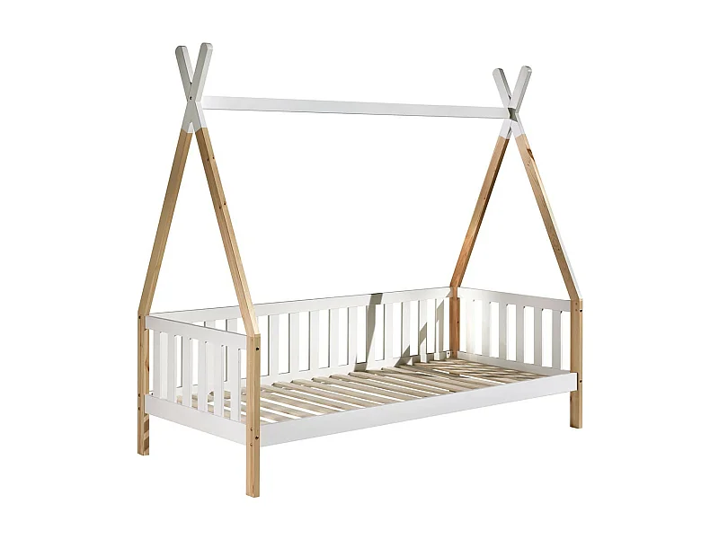 FLITT - Lit Banquette 90x200cm Blanc et Pin Forme Tipi