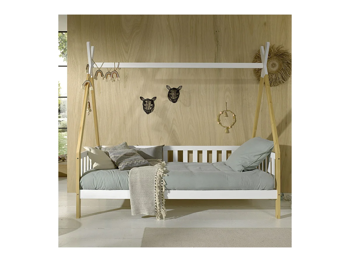 FLITT - Lit Banquette 90x200cm Blanc et Pin Forme Tipi