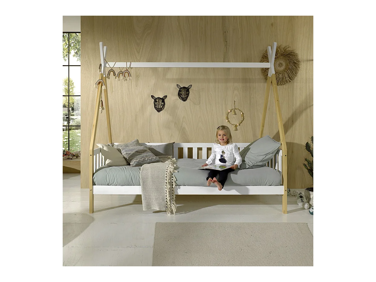 FLITT - Lit Banquette 90x200cm Blanc et Pin Forme Tipi