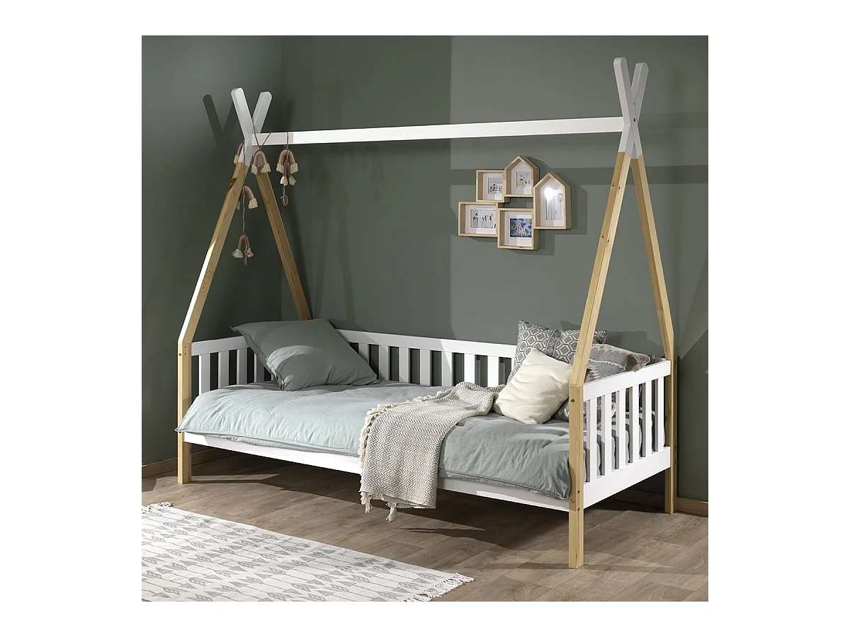 FLITT - Lit Banquette 90x200cm Blanc et Pin Forme Tipi