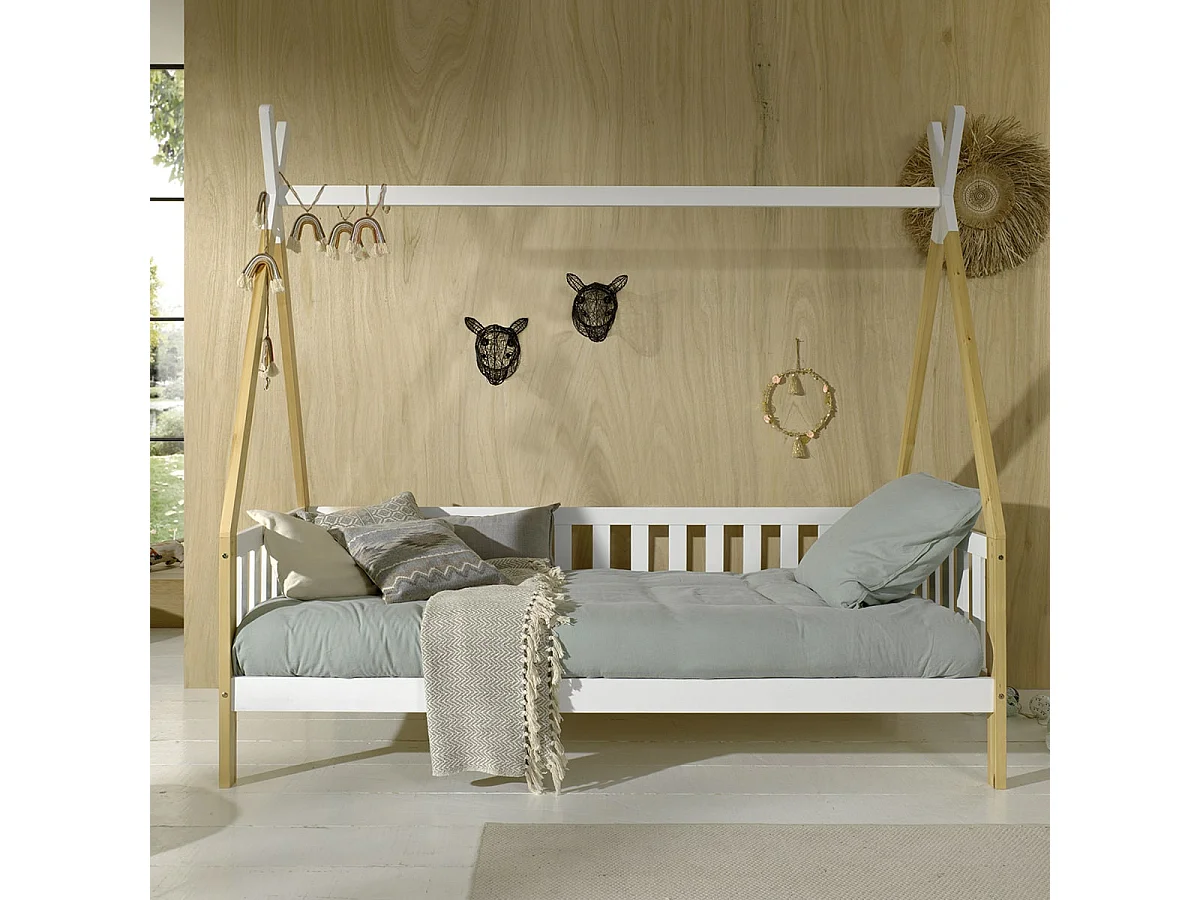 FLITT - Lit Banquette 90x200cm Blanc et Pin Forme Tipi