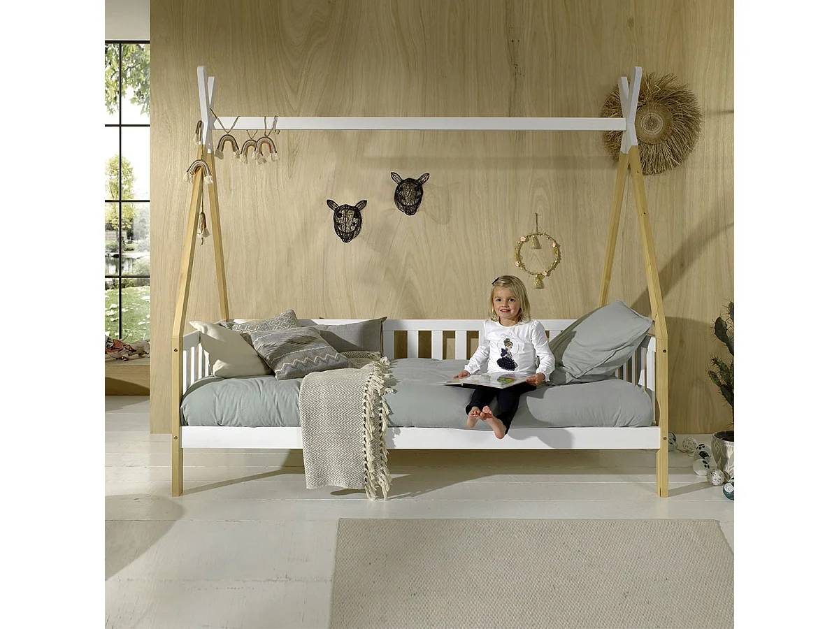 FLITT - Lit Banquette 90x200cm Blanc et Pin Forme Tipi