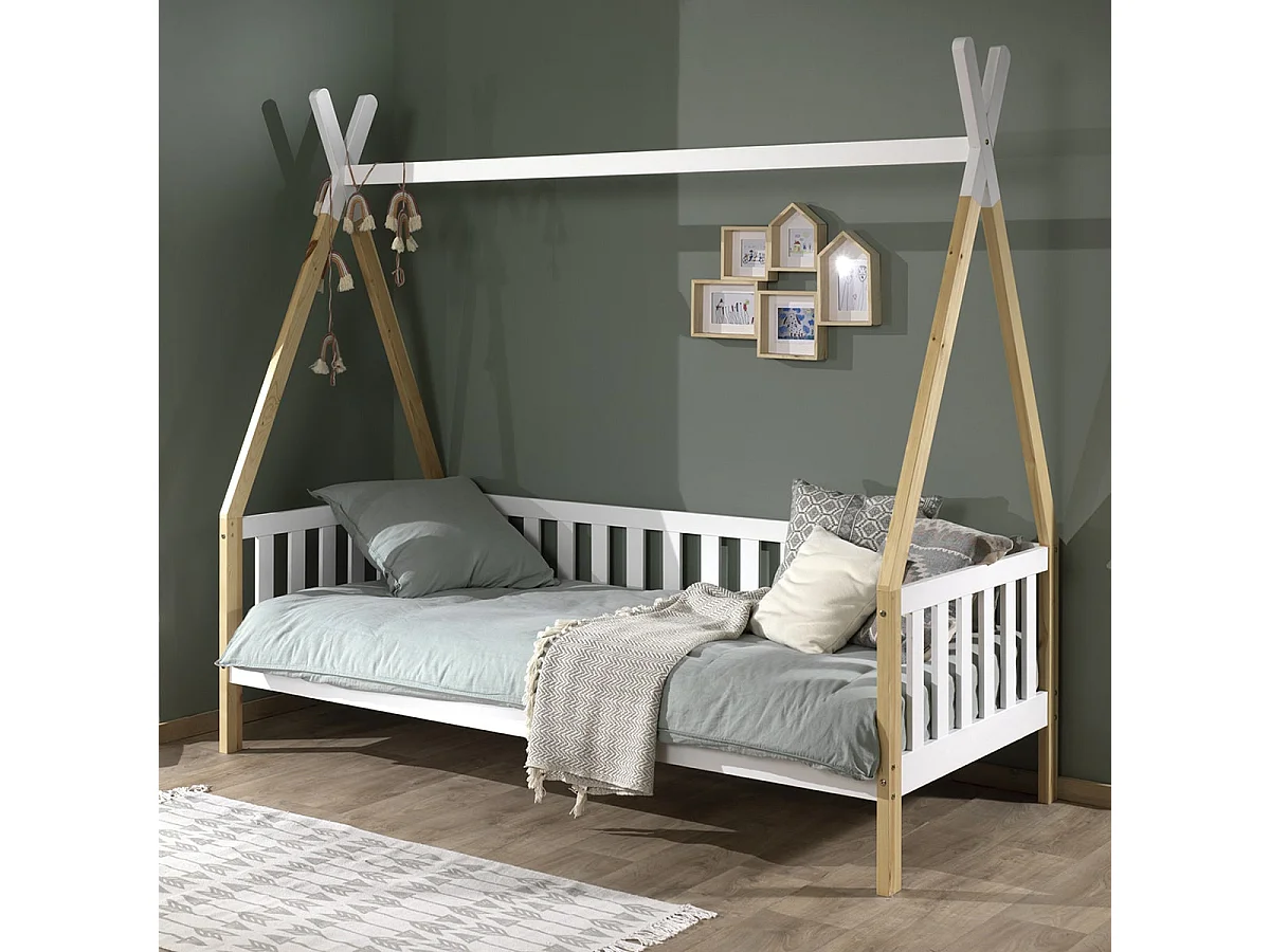 FLITT - Lit Banquette 90x200cm Blanc et Pin Forme Tipi