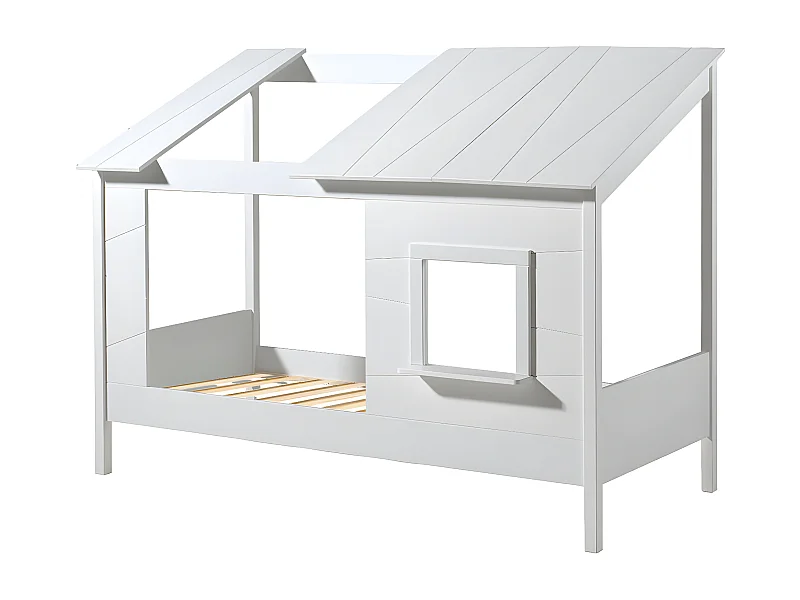 LAKA - Lit Maison 90x200cm Blanc avec Fenêtre + Sommier
