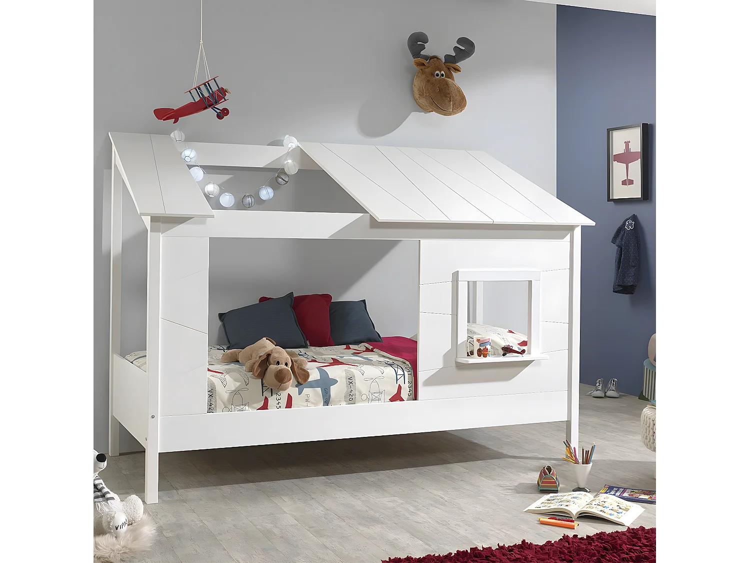 LAKA - Lit Maison 90x200cm Blanc avec Fenêtre + Sommier