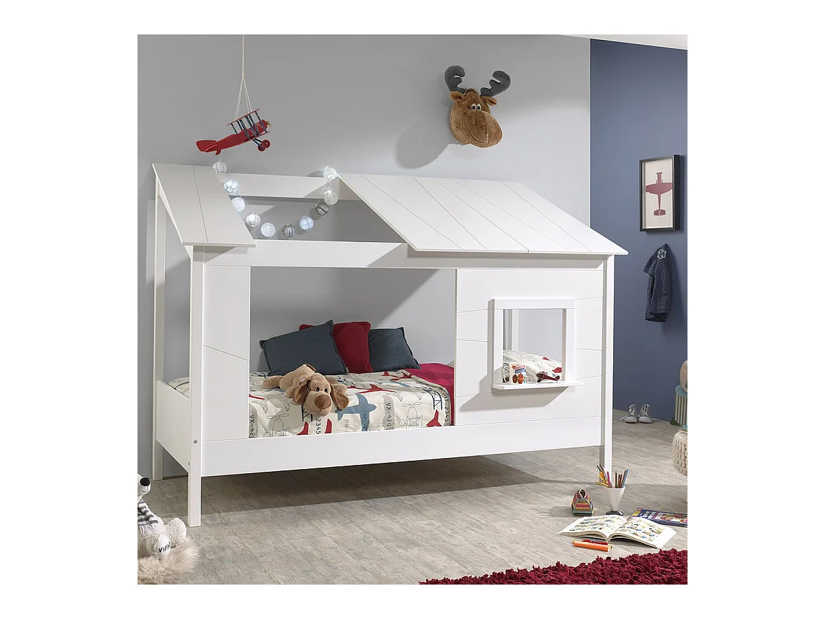 LAKA - Lit Maison 90x200cm Blanc avec Fenêtre