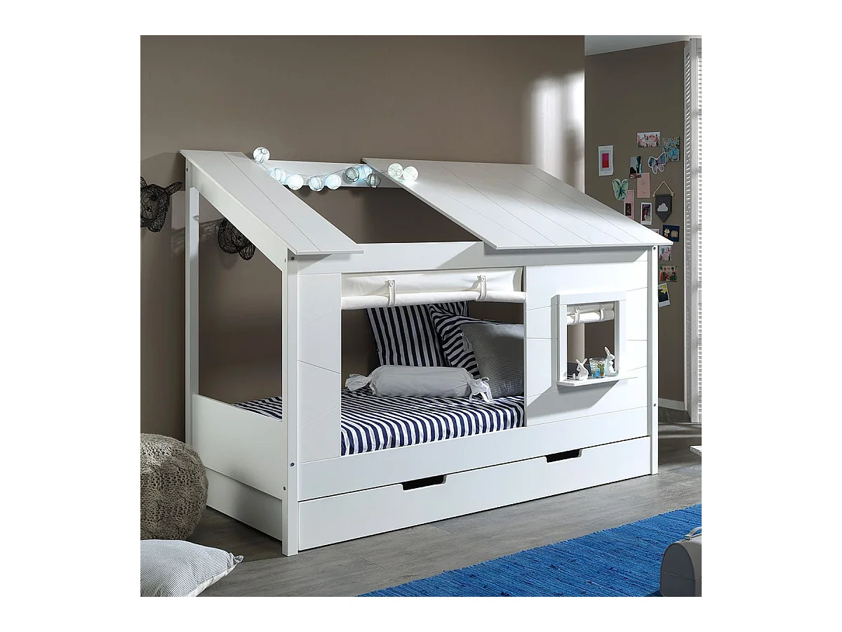 LAKA - Lit Maison 90x200cm Blanc avec Fenêtre