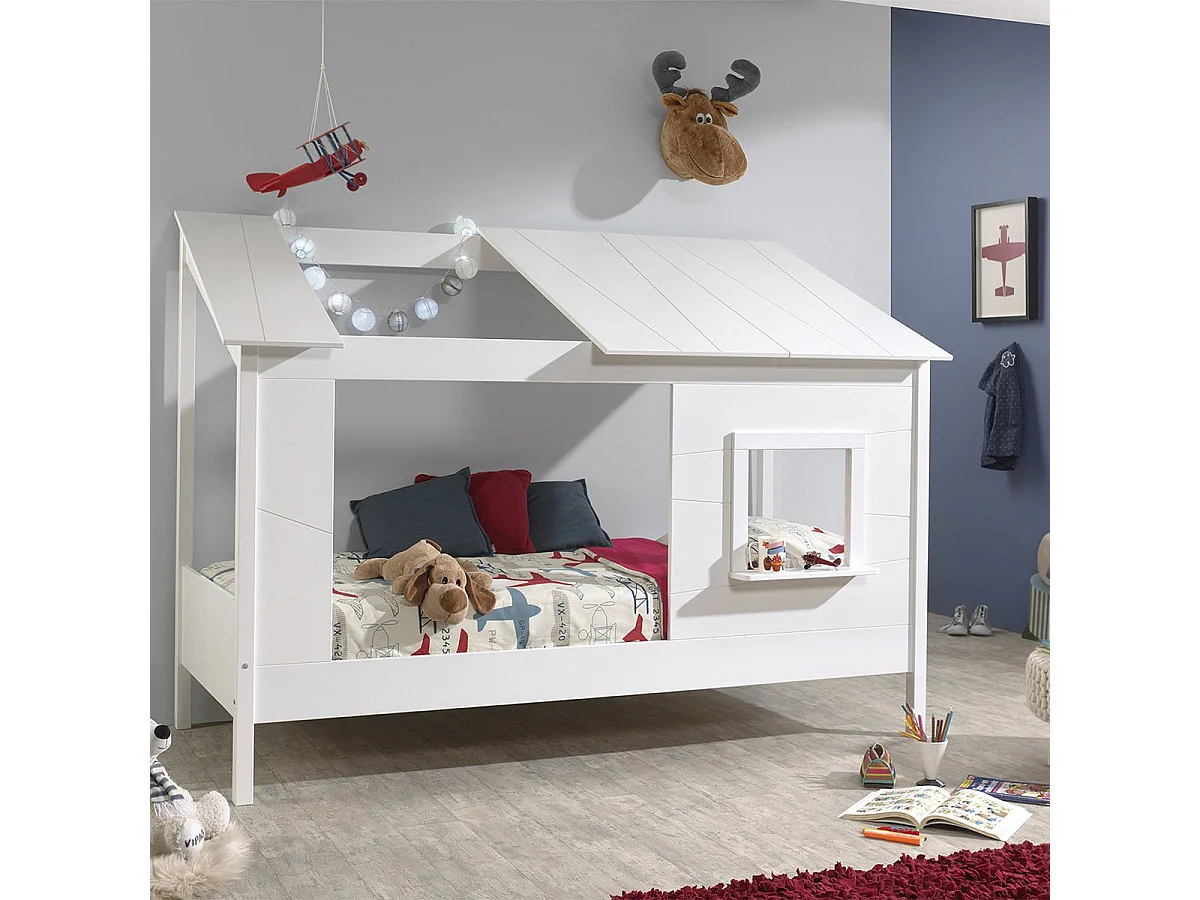 LAKA - Lit Maison 90x200cm Blanc avec Fenêtre