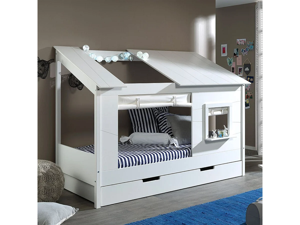 LAKA - Lit Maison 90x200cm Blanc avec Fenêtre