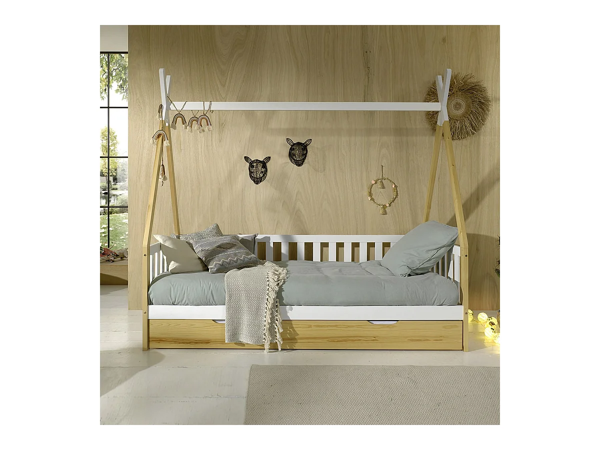 FLITT - Lit Banquette 90x200cm Forme Tipi avec Tiroir Pin