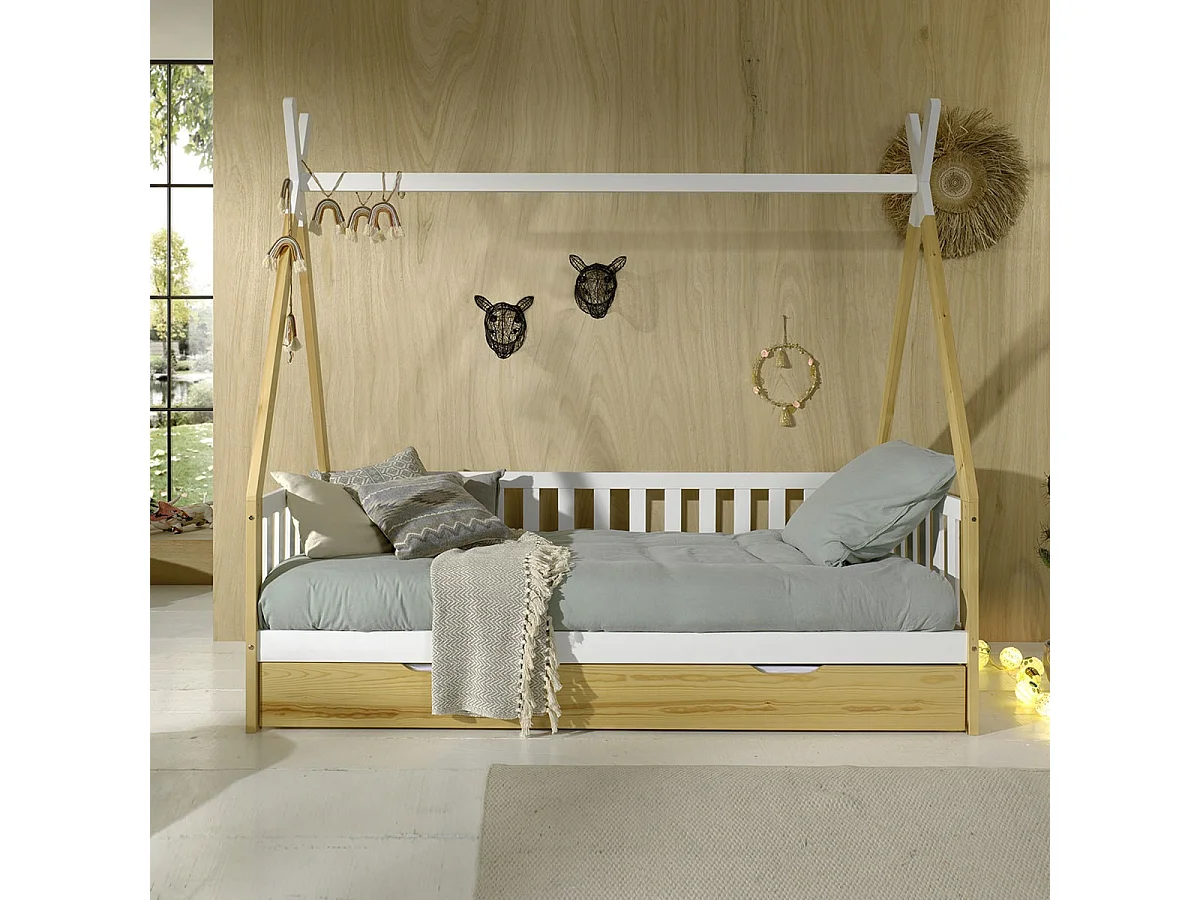 FLITT - Lit Banquette 90x200cm Forme Tipi avec Tiroir Pin