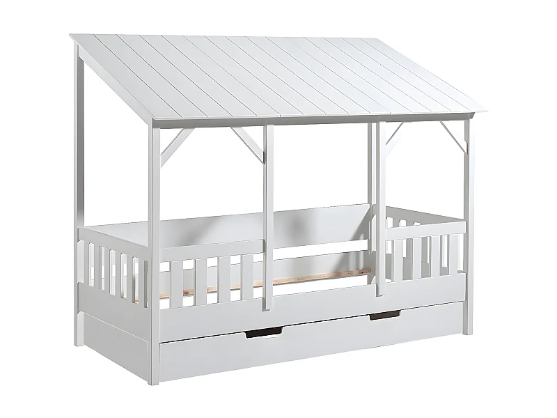 LAKA - Lit Maison 90x200cm Blanc avec Tiroir