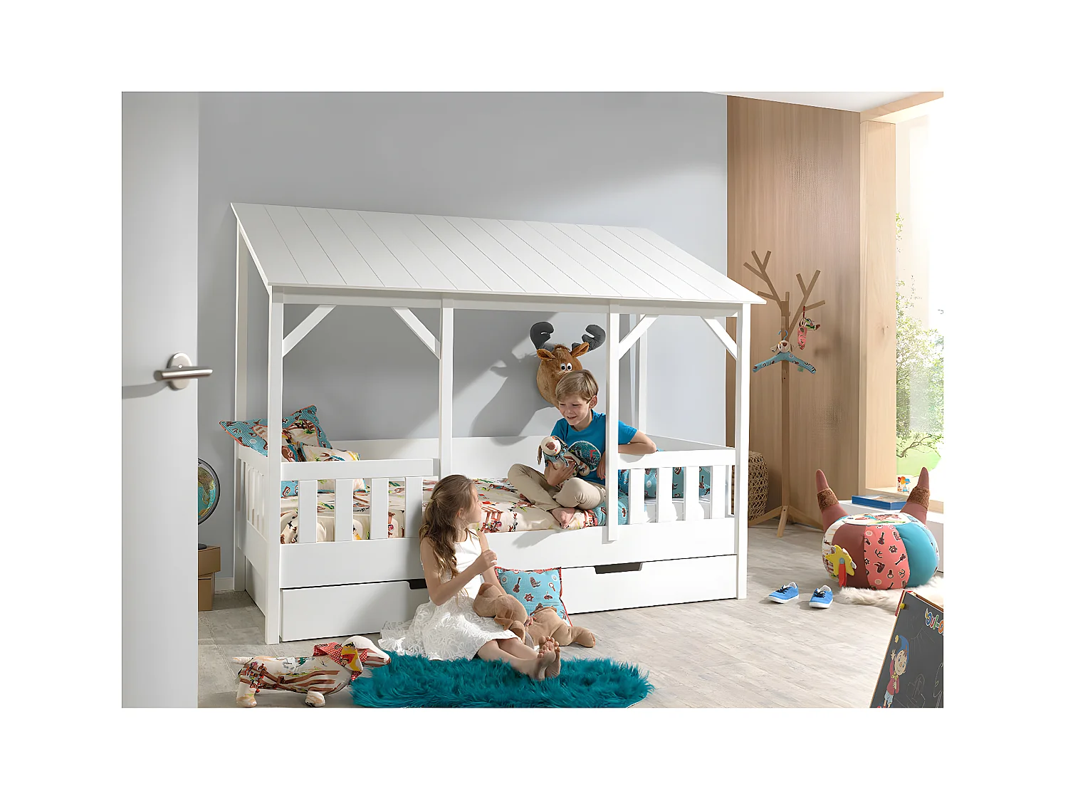 LAKA - Lit Maison 90x200cm Blanc avec Tiroir