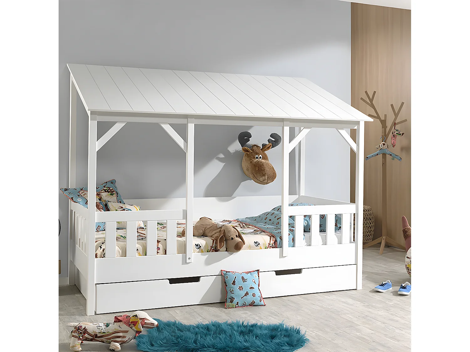 LAKA - Lit Maison 90x200cm Blanc avec Tiroir