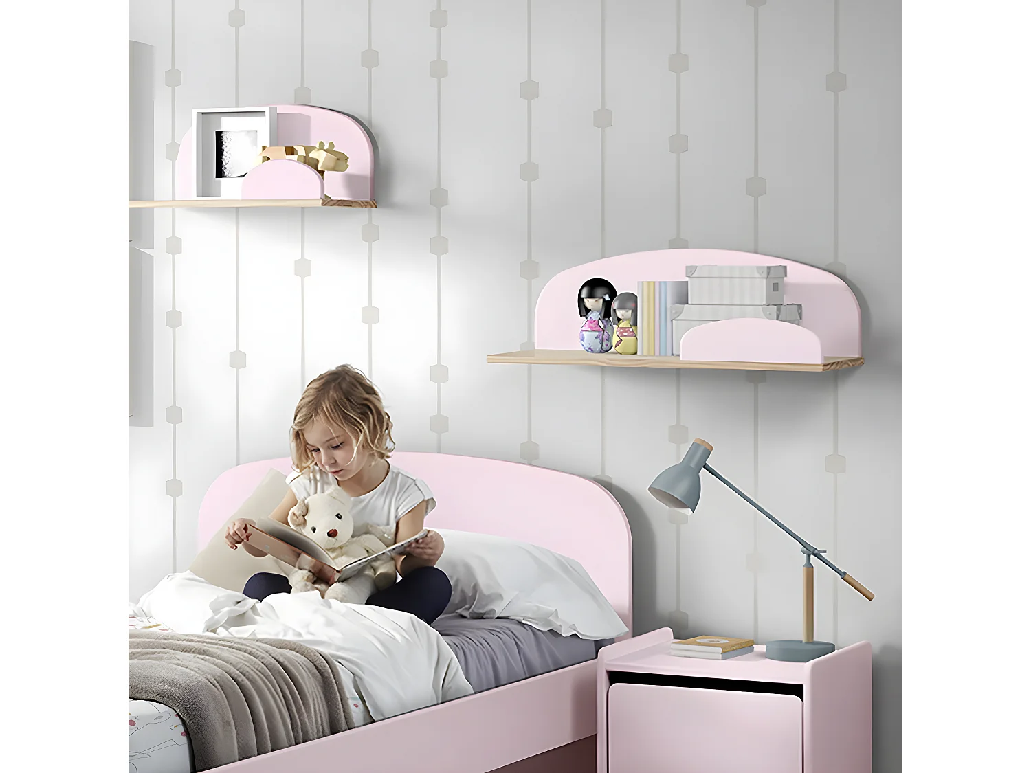 BODHI PINK - Etagère Murale 65cm Rose et Bois