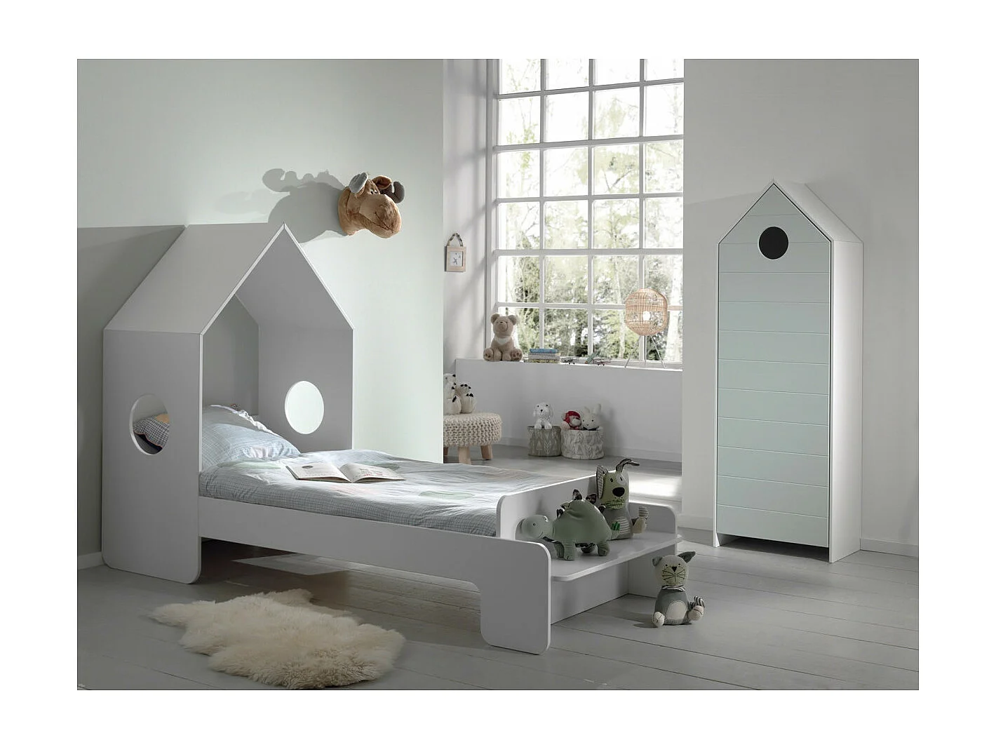 HAVRE - Pack Lit Cabane 90x200cm + Armoire Vert Menthe