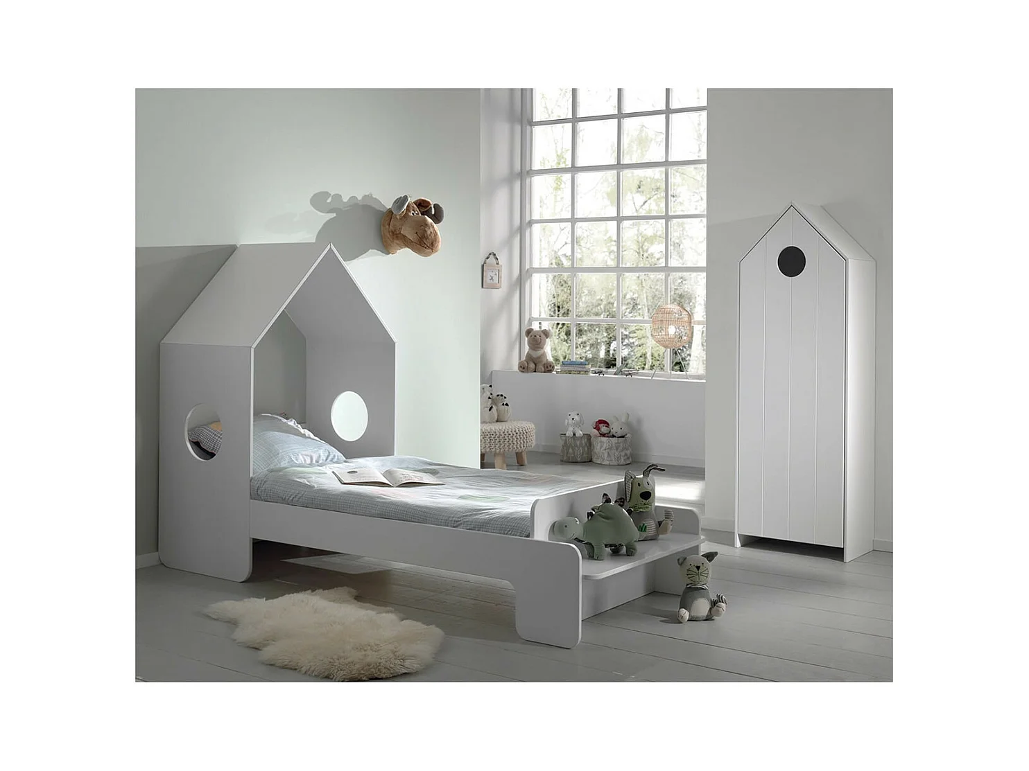 HAVRE - Pack Lit Cabane 90x200cm + Armoire Blanche