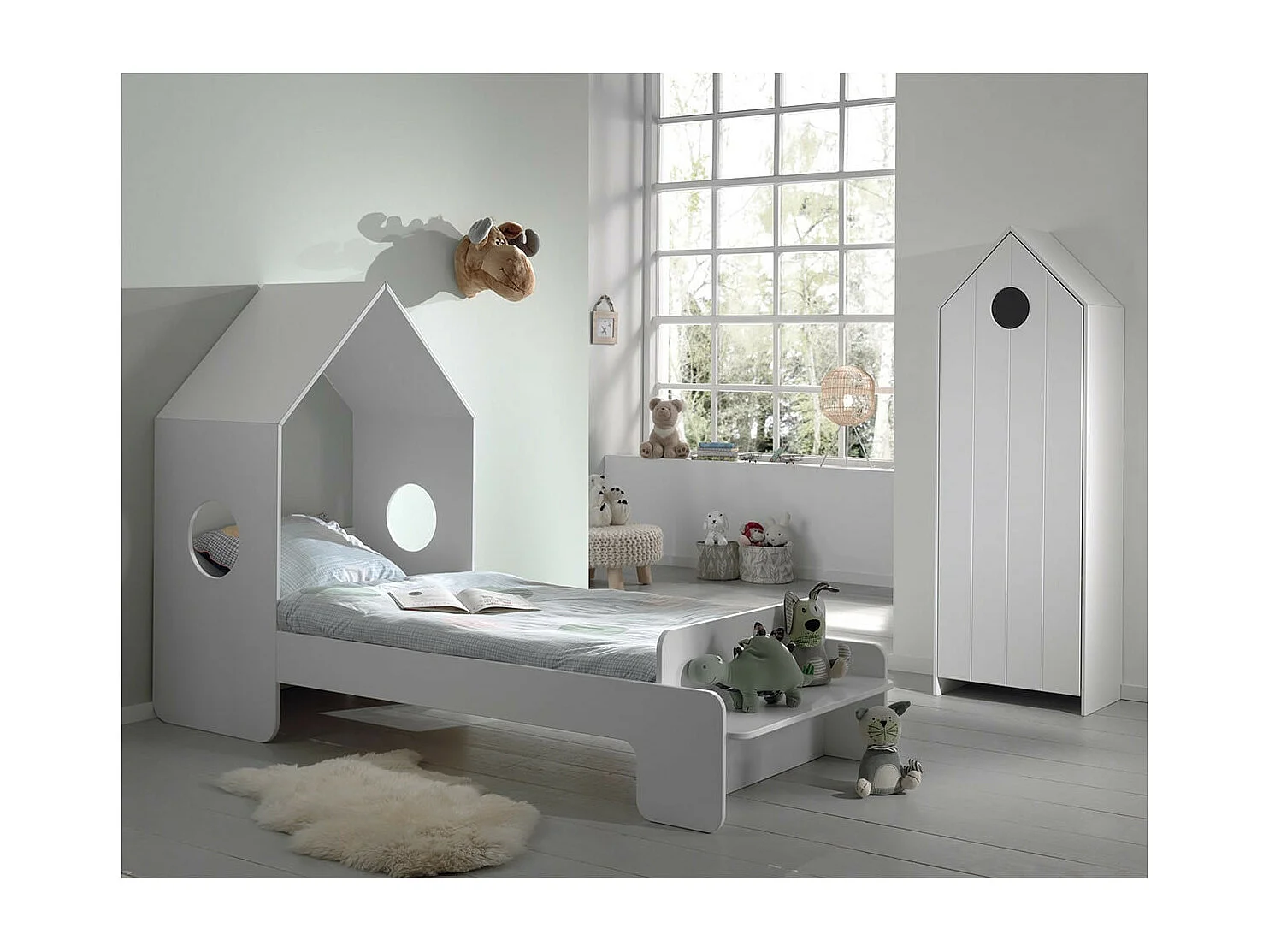 HAVRE - Pack Lit Cabane 90x200cm + Armoire Blanche