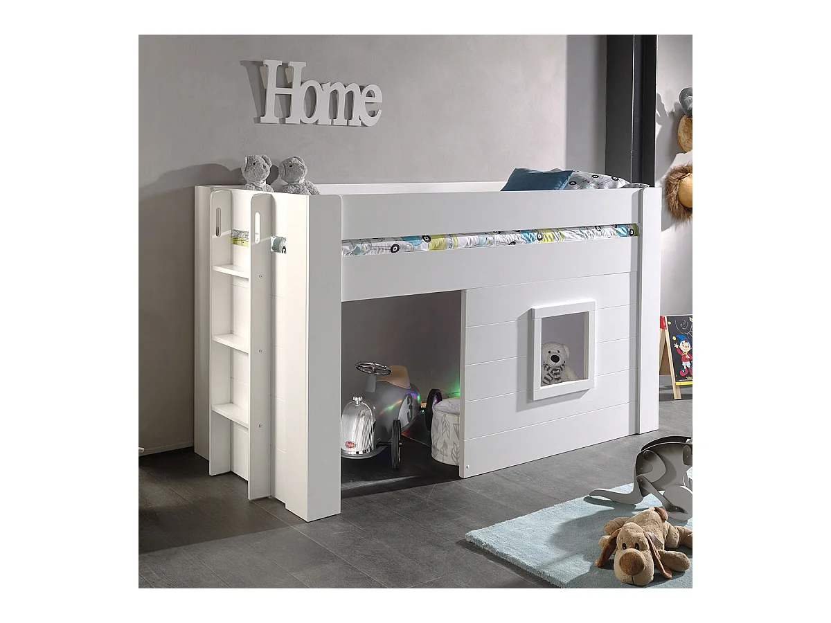 ELSA - Lit Surélevé Cabane 90x200cm Blanc